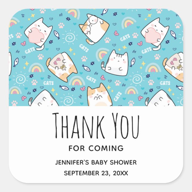 Cute Kitty Cat Pattern Whimsical Baby Shower Square Sticker (Front)