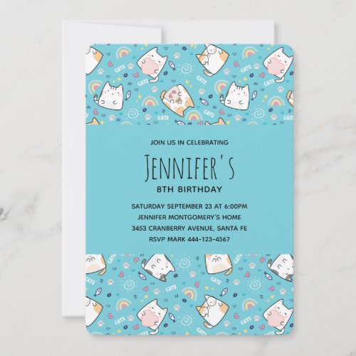 Cute Kitty Cat Pattern Whimsical Birthday Invitation