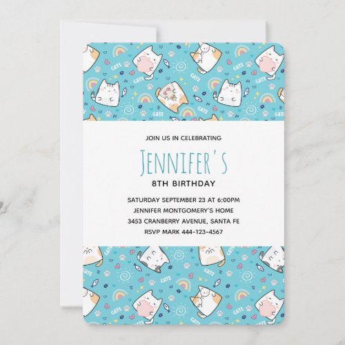 Cute Kitty Cat Pattern Whimsical Birthday Invitation