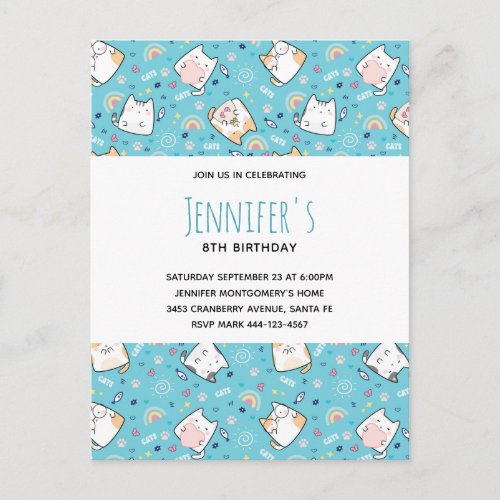 Cute Kitty Cat Pattern Whimsical Birthday Invitation Postcard