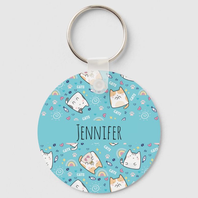 Cute Kitty Cat Pattern Whimsical Keychain (Front)