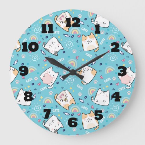 Cute Kitty Cat Pattern Whimsical Large Clock