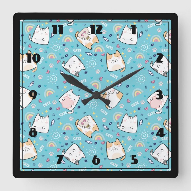  Cute Kitty Cat Pattern Whimsical Square Wall Clock (Front)