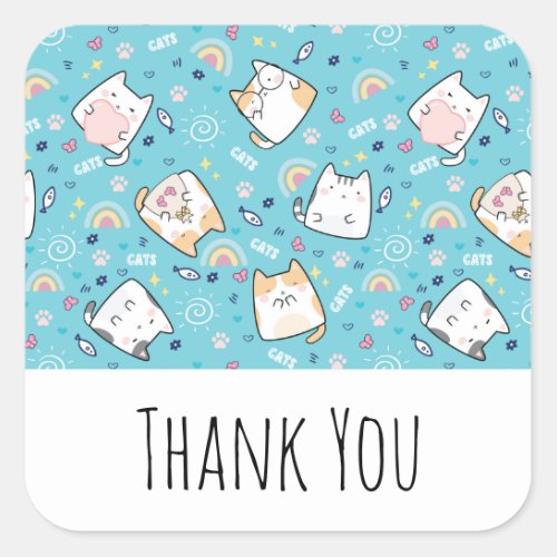 Cute Kitty Cat Pattern Whimsical Thank You Square Sticker