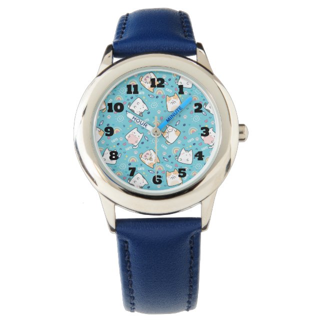 Cute Kitty Cat Pattern Whimsical Watch (Front)