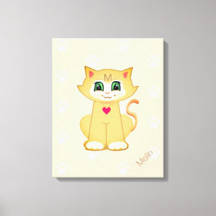 Cute Kitty Cat & Paw Pattern on Coral Canvas Print