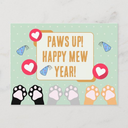Cute Kitty Cat Paws Up Happy Mew Year New Years Holiday Postcard