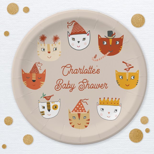 Cute Kitty Cat Personalized Baby Shower Paper Plates (Personalized cute kitty cat themed baby shower paper plate)