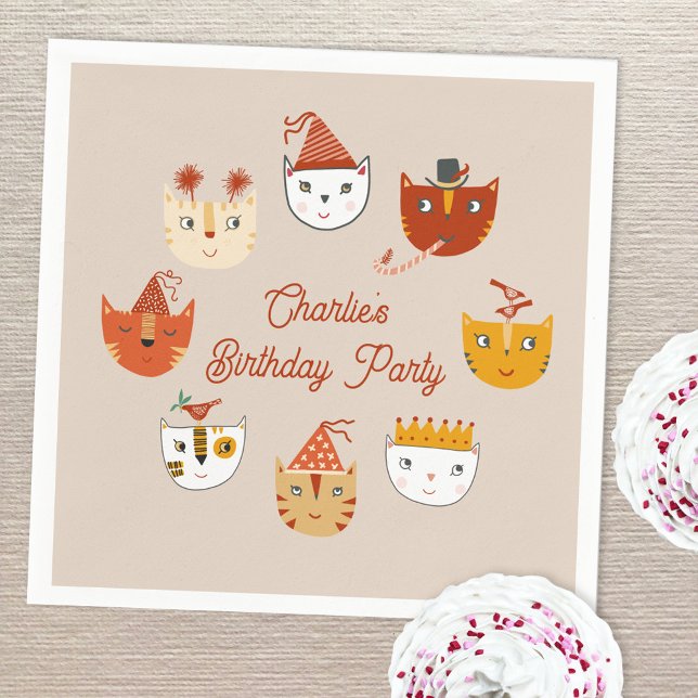 Cute Kitty Cat Personalized Birthday Napkins (Cute kitty cat themed personalized birthday party paper napkins)