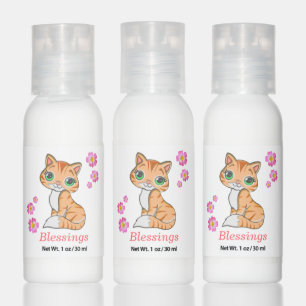 Cute kitty cat, pink flowers & blessings text hand lotion