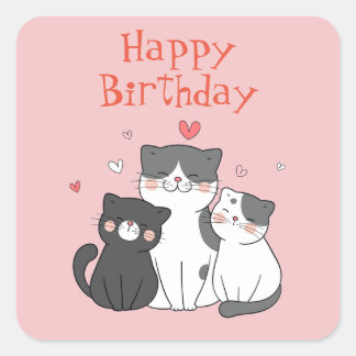 Cute Kitty Cat Pink Happy Birthday  Square Sticker