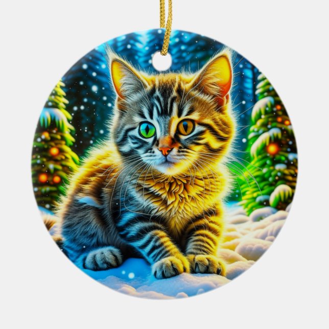 Cute Kitty Cat Playing Outside on Christmas Eve Ceramic Ornament (Front)
