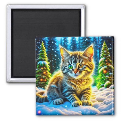 Cute Kitty Cat Playing Outside on Christmas Eve Magnet