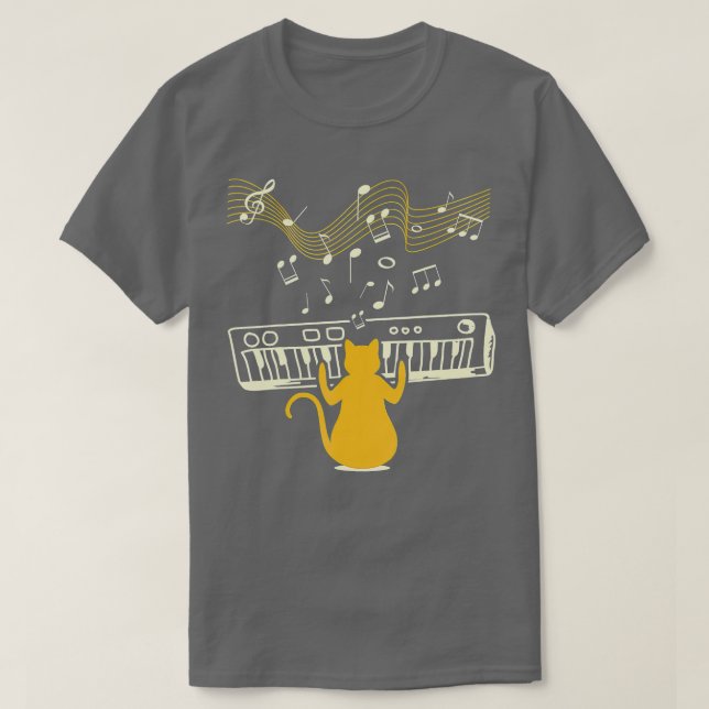 Cute Kitty Cat Playing Piano Instrument with Music T-Shirt (Design Front)