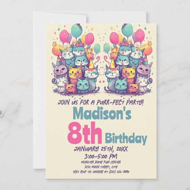 Cute Kitty Cat Purr-Fect Party Cats Birthday Invitation (Front)
