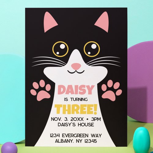 Cute Kitty Cat Themed Kids Birthday Invitation