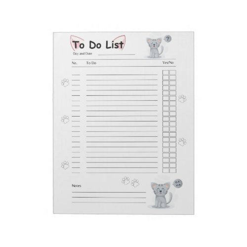 Cute Kitty Cat To Do List Lined Notepad