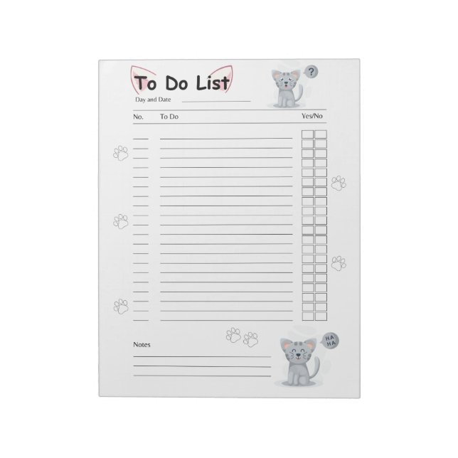 Cute Kitty Cat To Do List Lined Notepad (Rotated)