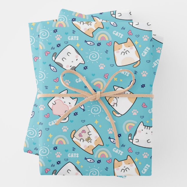 Cute Kitty Cat Whimsical Pattern Wrapping Paper Sheets (In situ)