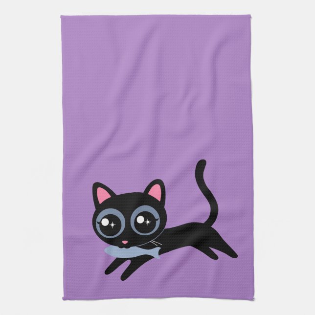 Cute Kitty Cat with Fish Gift for Girlfriend, Wife Kitchen Towel (Vertical)