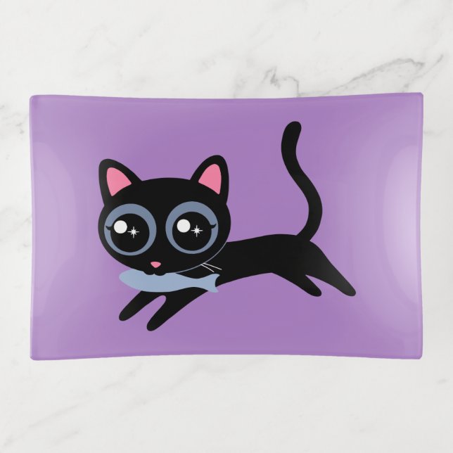 Cute Kitty Cat with Fish Gift for Girls Trinket Tray (Front)