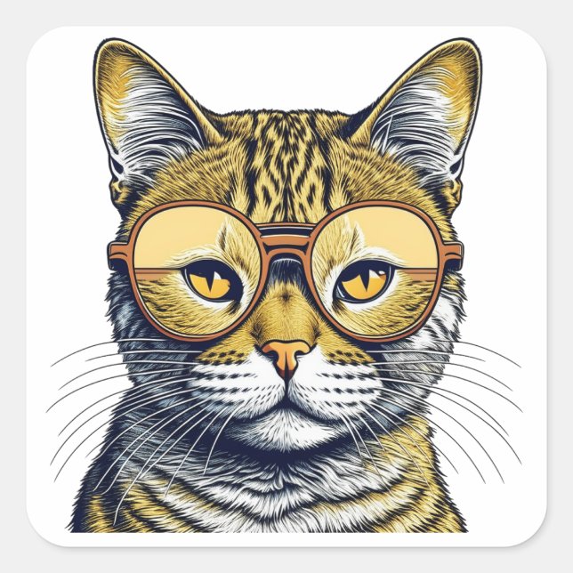 Cute Kitty Cat with Glasses Square Sticker (Front)
