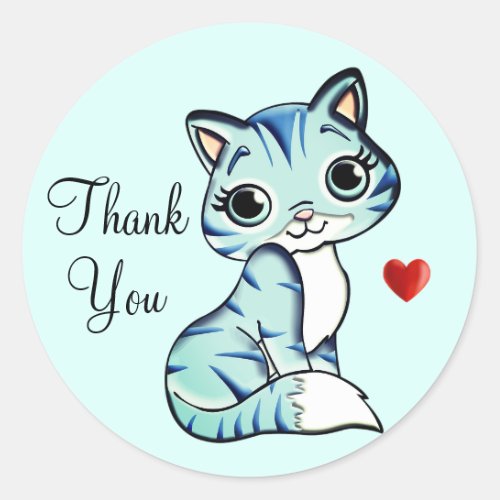 Cute kitty cat with heart Thank You on Light Blue Classic Round Sticker