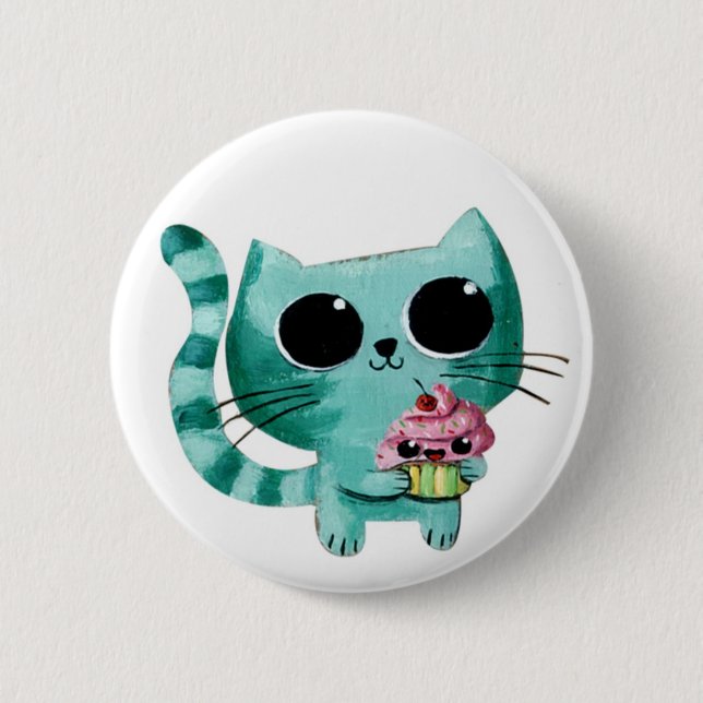 Cute Kitty Cat with Kawaii Cupcake Button (Front)