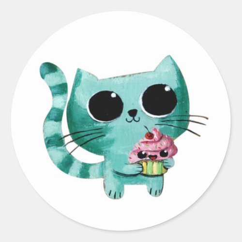 Cute Kitty Cat with Kawaii Cupcake Classic Round Sticker