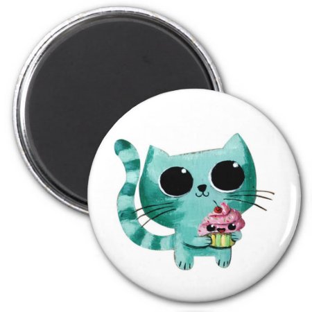 Cute Kitty Cat With Kawaii Cupcake Magnet