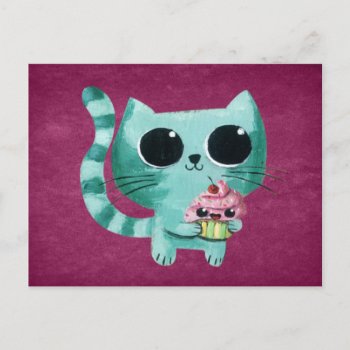 Cute Kitty Cat With Kawaii Cupcake Postcard by colonelle at Zazzle