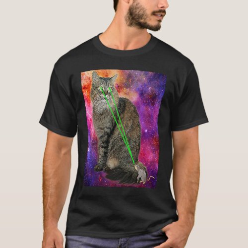 Cute Kitty Cat With Laser Beam Eyes Galaxy Backgro T_Shirt