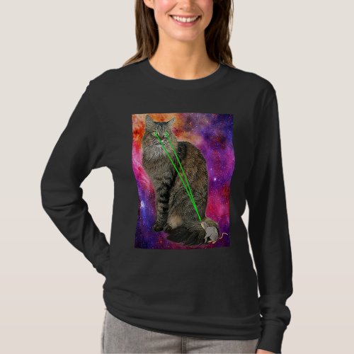 Cute Kitty Cat With Laser Beam Eyes Galaxy Backgro T_Shirt