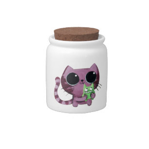 Cute Kitty Cat with Little Green Monster Candy Jar