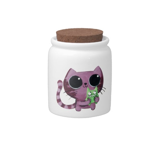 Cute Kitty Cat with Little Green Monster Candy Jar (Front)