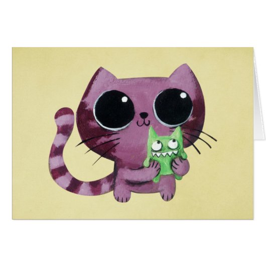 Cute Kitty Cat with Little Green Monster Cards (Front Horizontal)