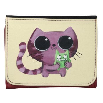 Cute Kitty Cat With Little Green Monster Leather Tri-fold Wallet by colonelle at Zazzle