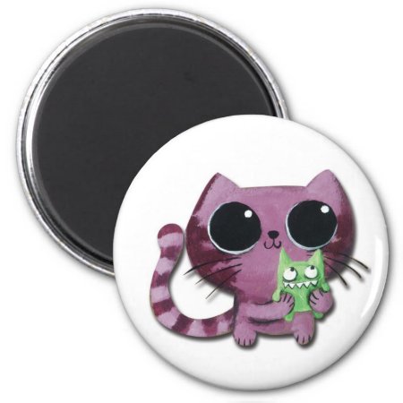 Cute Kitty Cat With Little Green Monster Magnet