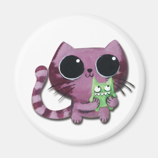 Cute Kitty Cat with Little Green Monster Magnet (Front)