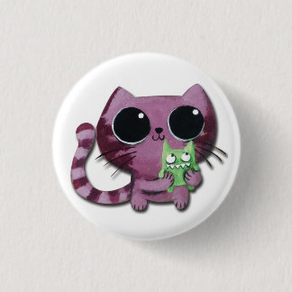 Cute Kitty Cat with Little Green Monster Pinback Button