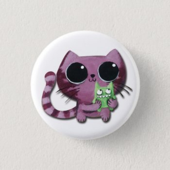 Cute Kitty Cat With Little Green Monster Pinback Button by colonelle at Zazzle
