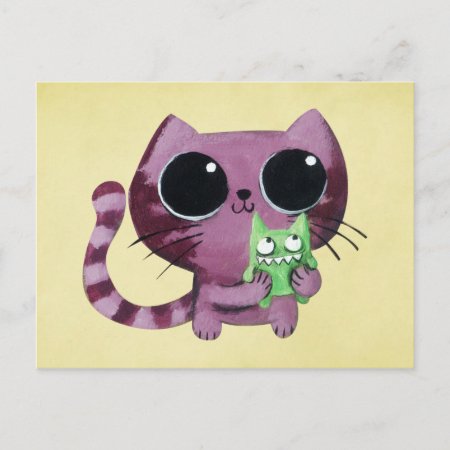 Cute Kitty Cat With Little Green Monster Postcard
