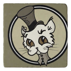 CUTE KITTY CAT WITH TOP HAT MARBLE STONE TRIVET