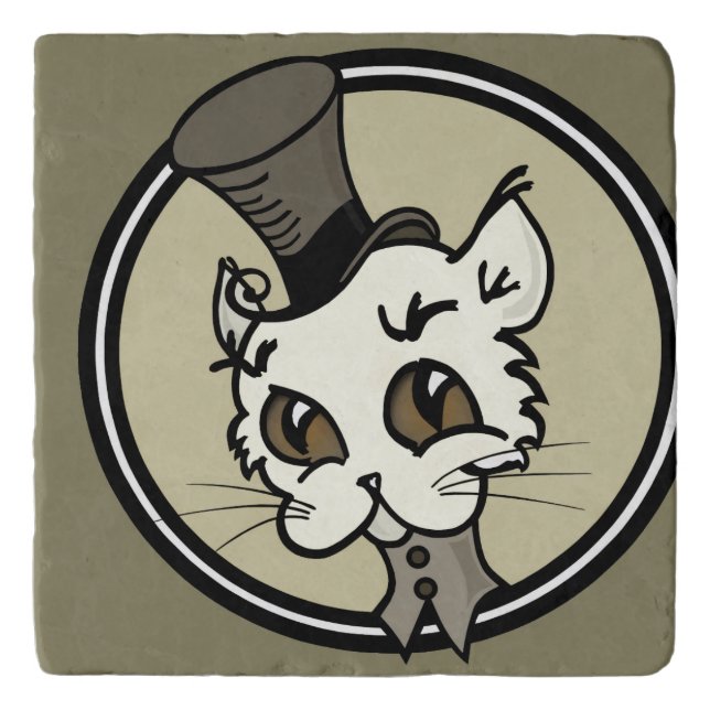 CUTE KITTY CAT WITH TOP HAT MARBLE STONE TRIVET (Front)