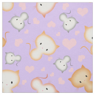 Cute Kitty Cats and Hearts Pattern Fabric