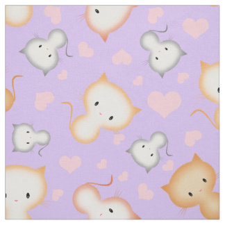 Cute Kitty Cats and Hearts Pattern Fabric