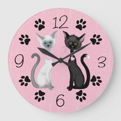 Cute Kitty Cats and Paw Prints  Black Pink White Large Clock