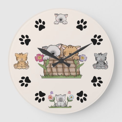Cute Kitty Cats and Paw Prints Large Clock