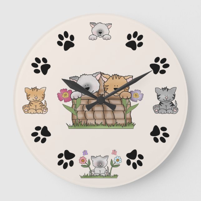 Cute Kitty Cats and Paw Prints Large Clock (Front)