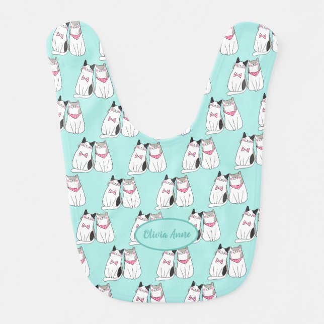 Cute Kitty Cats in Pink on Teal Monogram Baby Bib (Front)